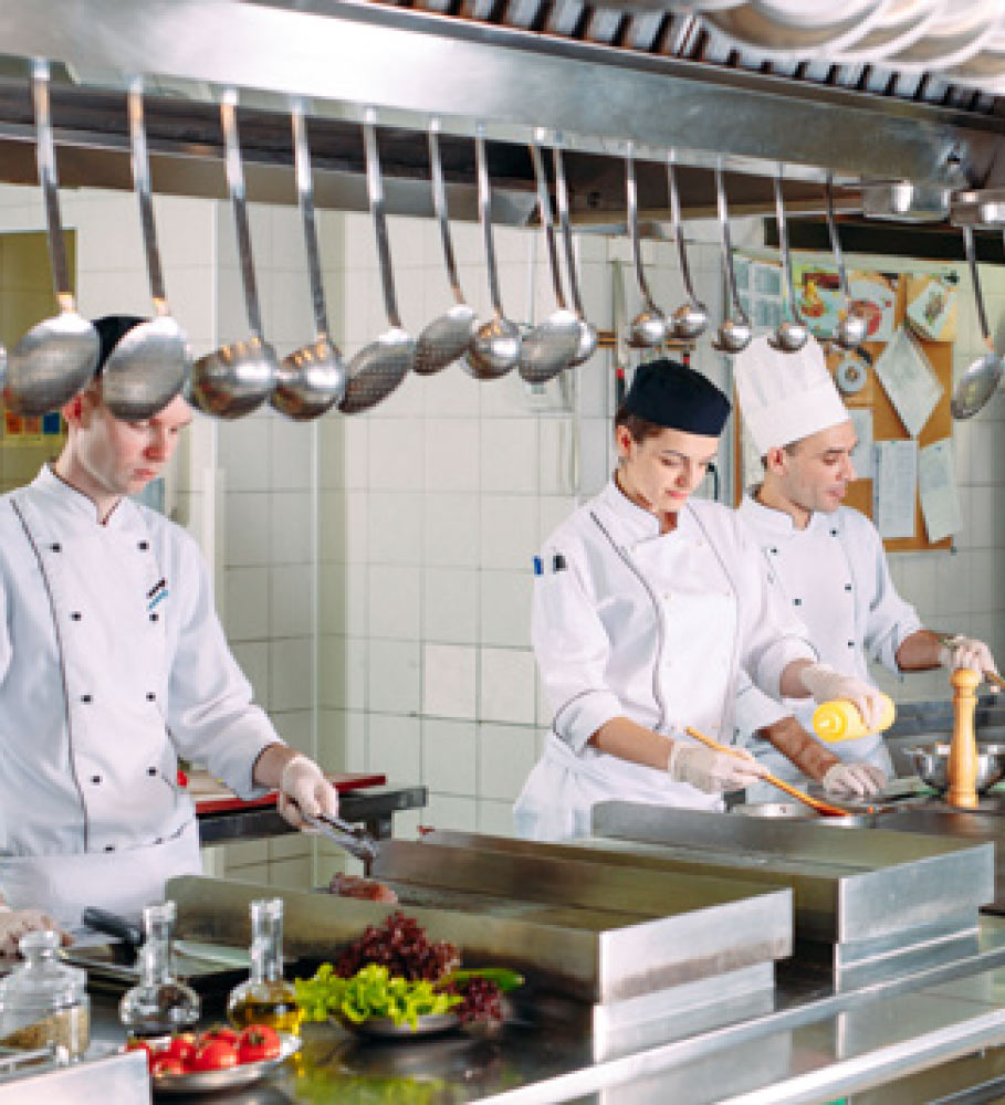 Chef al lavoro in una cucina, intenti a preparare piatti pronti per ristoranti con ingredienti freschi e attrezzature da cucina.